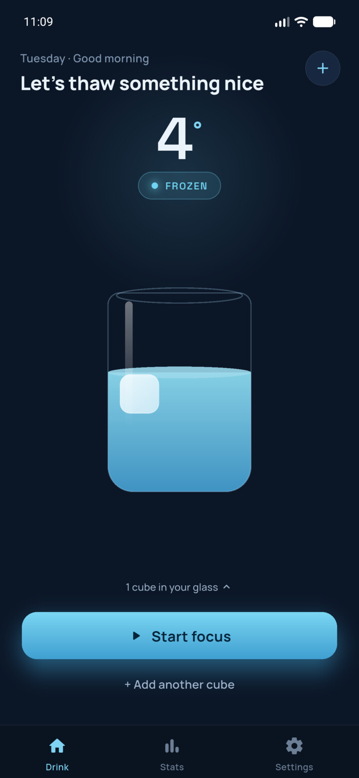 Screenshot of the Thaw home screen with a frozen reward cube in a glass