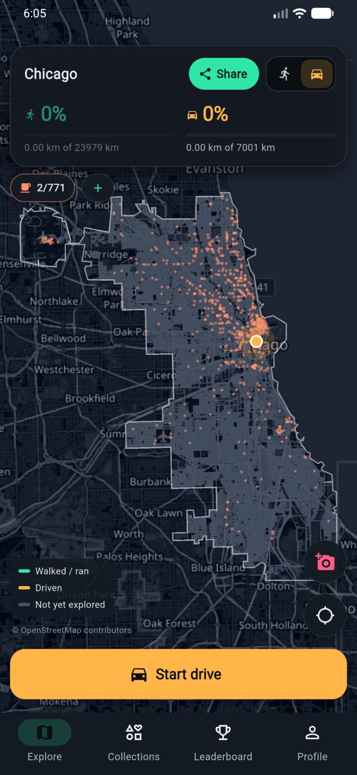 Screenshot of the City Unlock map with a city's streets and progress