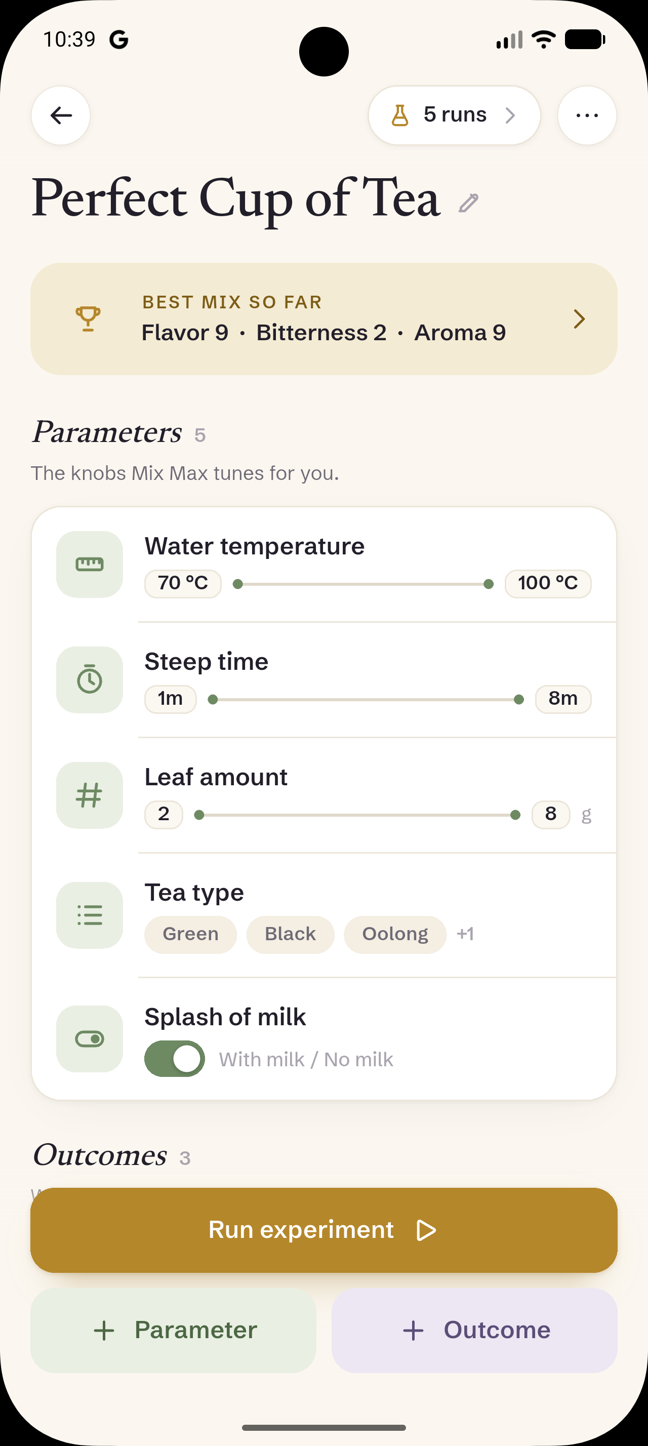 Screenshot of an experiment with its parameters
